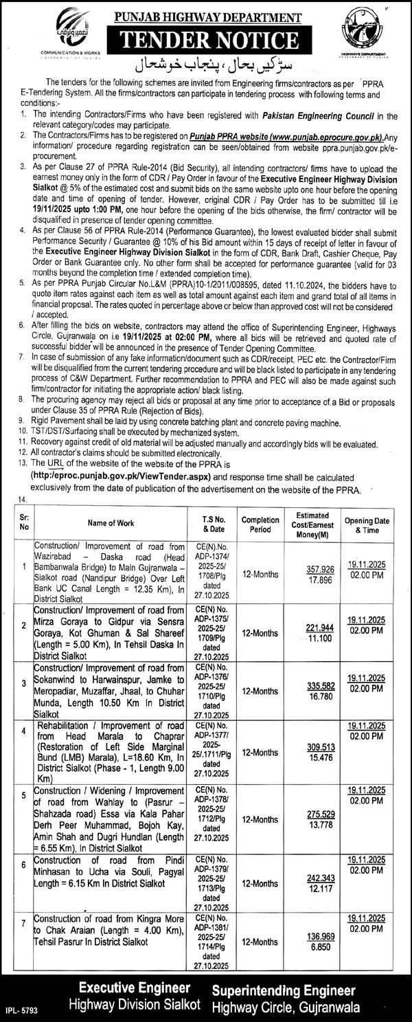 Punjab Highway Department Gujranwala Tender Notice